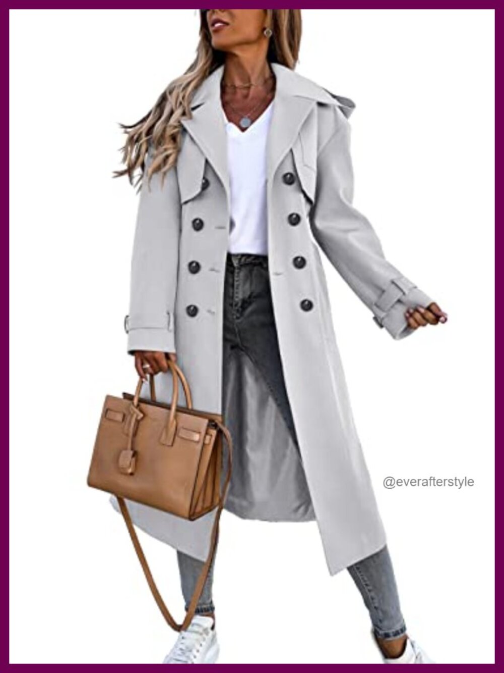 Women's Long Trench Coat Double Breasted Windproof Classic Belted Overcoat